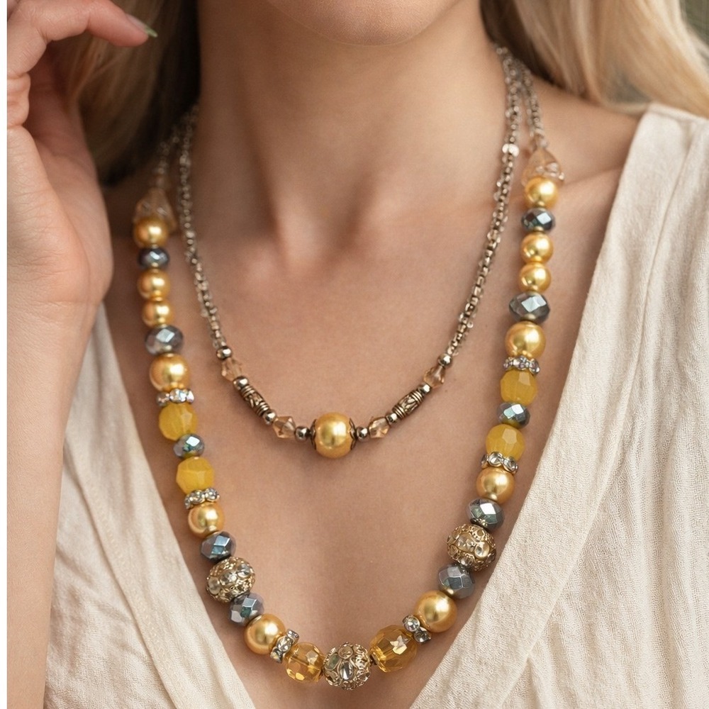 Layered‎ Necklace Vintage Faux Pearl Crystal Gold Yellow Statement Boho Chic 24"